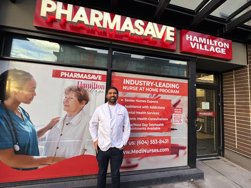 JD Puri in front of Pharmasave Hamilton Village